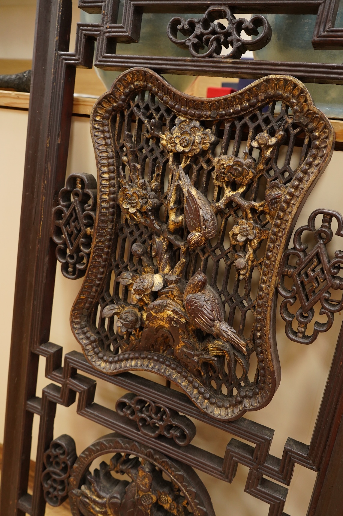 A 19th century Chinese gilt lacquered wood panel, 128cm high